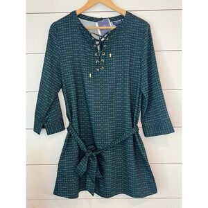 NWT Doncaster Collection Teal Geometric Lace Up Tunic Top Belted Size 8